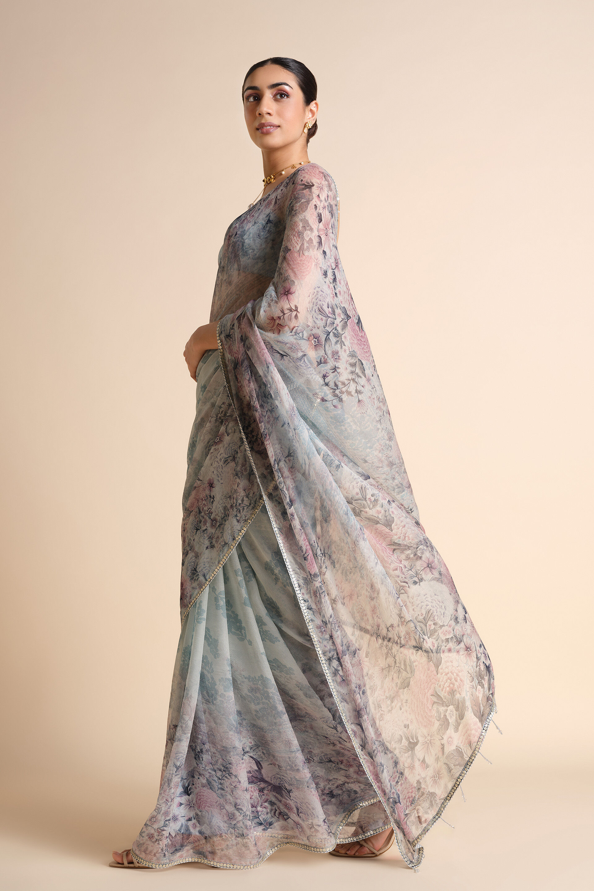 Flores Chiffon Saree - Powder Blue, Powder Blue, image 3